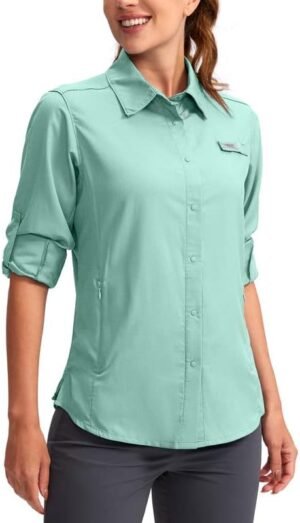 Womens Sun Protection Fishing Shirt with Zipper Pockets Lightweight SPF Long Sleeve Shirts for Hiking Safari