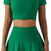 2 Piece Tennis Dress for Women High Waist Pleated Tennis Skirt with Shorts Short Sleeve Crop Golf Workout Skirts Sets