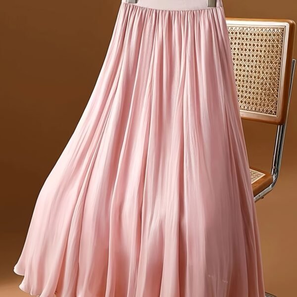 Solid Color Elastic Wais Skirt, Elegant Midi A-line Skirt For Spring & Summer, Women's Clothing