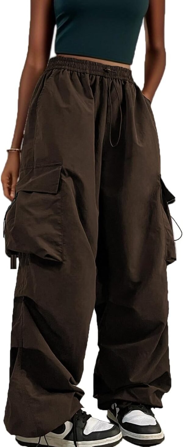 Women Cargo Pants Trendy Parachute Pants Elastic Waist Hiking Pants Lightweight Waterproof Baggy Joggers with Pockets