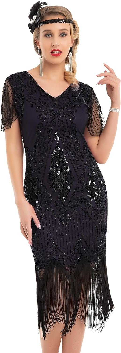 Women's 1920s Dress Sequin Art Deco Flapper Dress with Sleeve