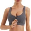 Womens Sports Bra with Zip Closure and Racerback,Wireless Bras,Four-Way Stretch Fabric with Removable Padded