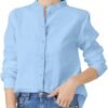 Women's Mandarin Collar Button-Down Shirts Casual Cotton Linen Long Sleeve Blouses