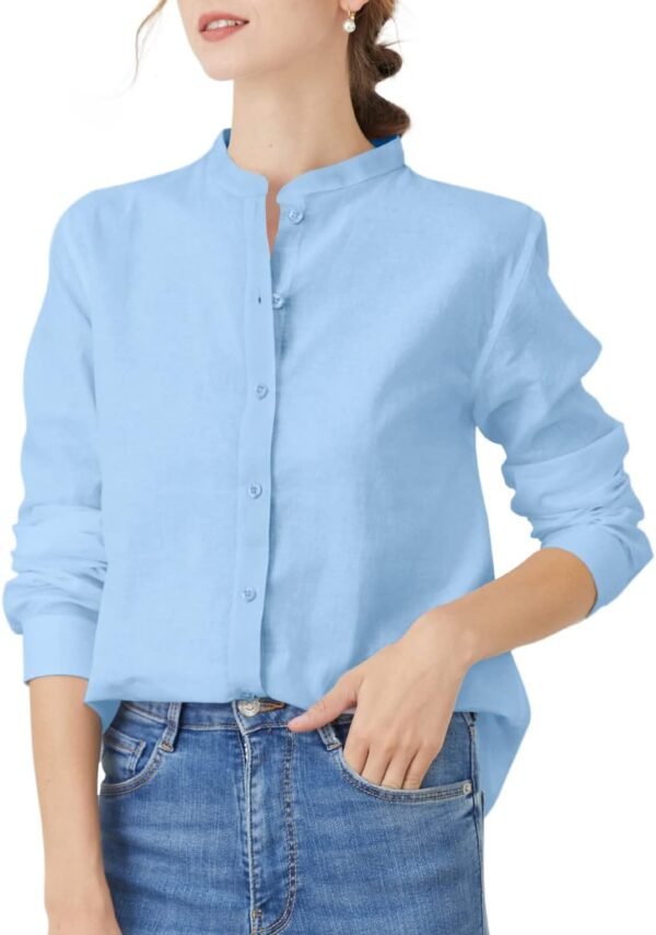 Women's Mandarin Collar Button-Down Shirts Casual Cotton Linen Long Sleeve Blouses