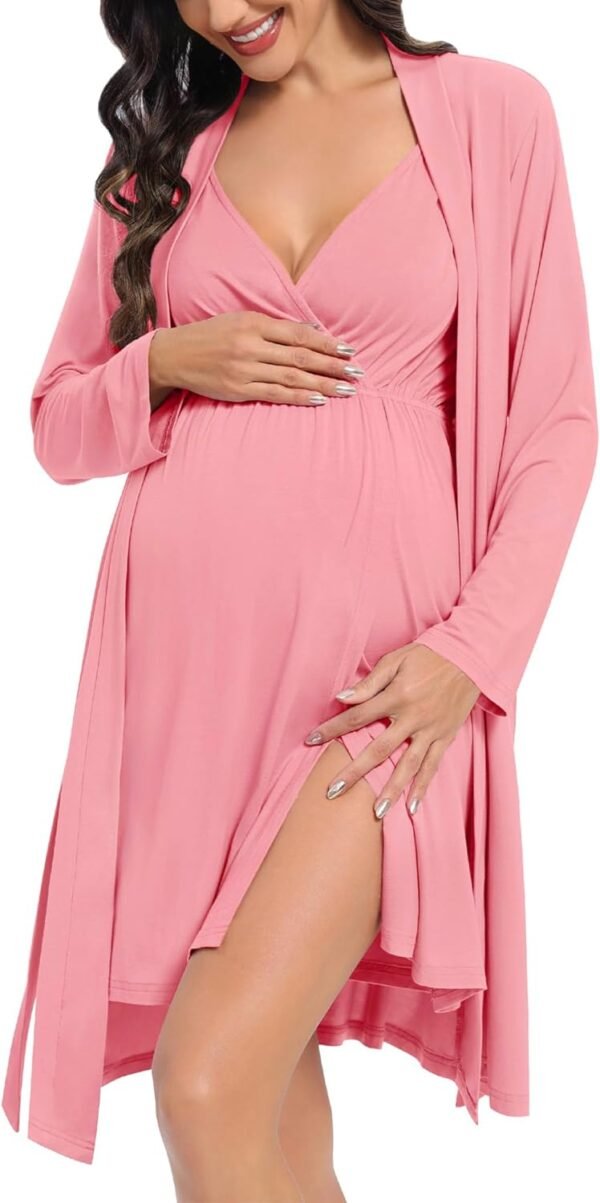 Womens Maternity Set Nursing Nightgown and Robe Set 3 in 1 Labor Delivery Nursing Gown Breastfeeding Robe Set