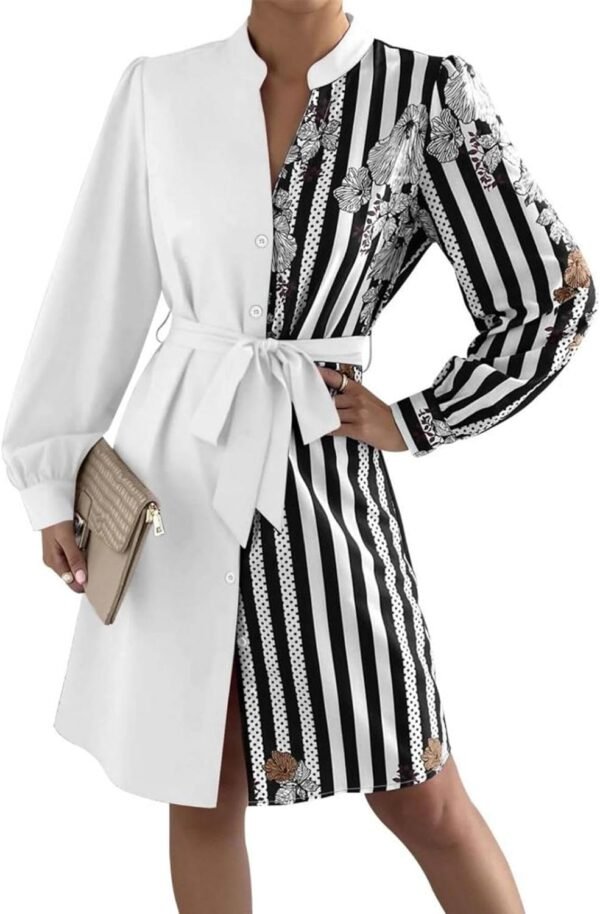 Womens Button Down Shirt Dresses with Belt Button Up Tunics Long Sleeve Blouse Tops