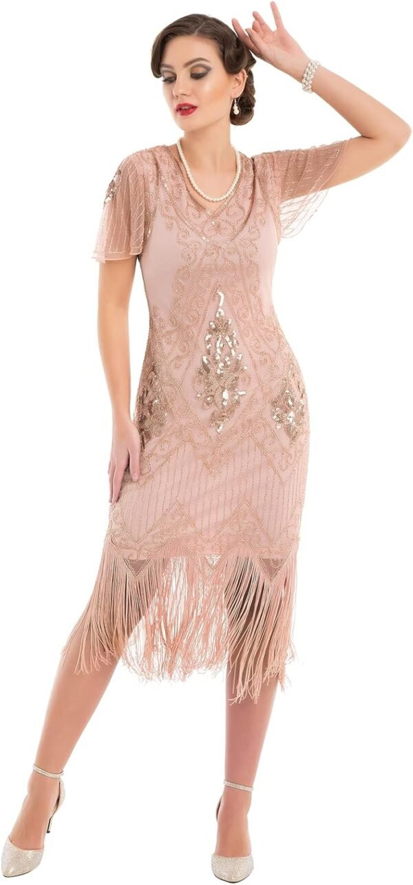 Women's 1920s Dress Sequin Art Deco Flapper Dress with Sleeve