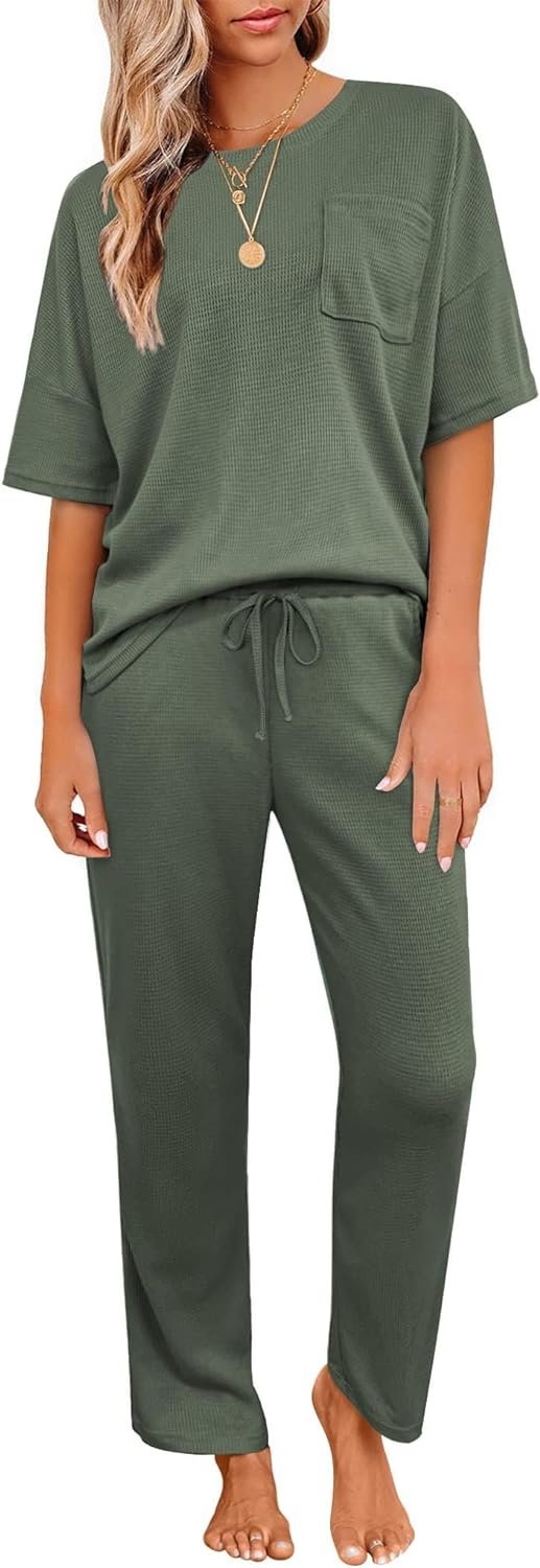Womens Pajama Sets Waffle Knit Short Sleeve Shirt with Long Pajama Pants Soft Sleepwear Pj Lounge Sets