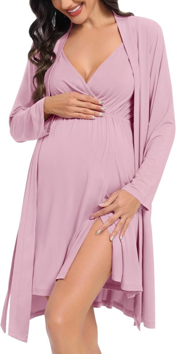 Womens Maternity Set Nursing Nightgown and Robe Set 3 in 1 Labor Delivery Nursing Gown Breastfeeding Robe Set