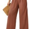 JASAMBAC Women's Capri Linen Wide Leg Pants Summer Boho Wide Leg Pants Smocked High-Rise Waist Casual Beach Pants with Pocket