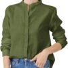 Women's Mandarin Collar Button-Down Shirts Casual Cotton Linen Long Sleeve Blouses