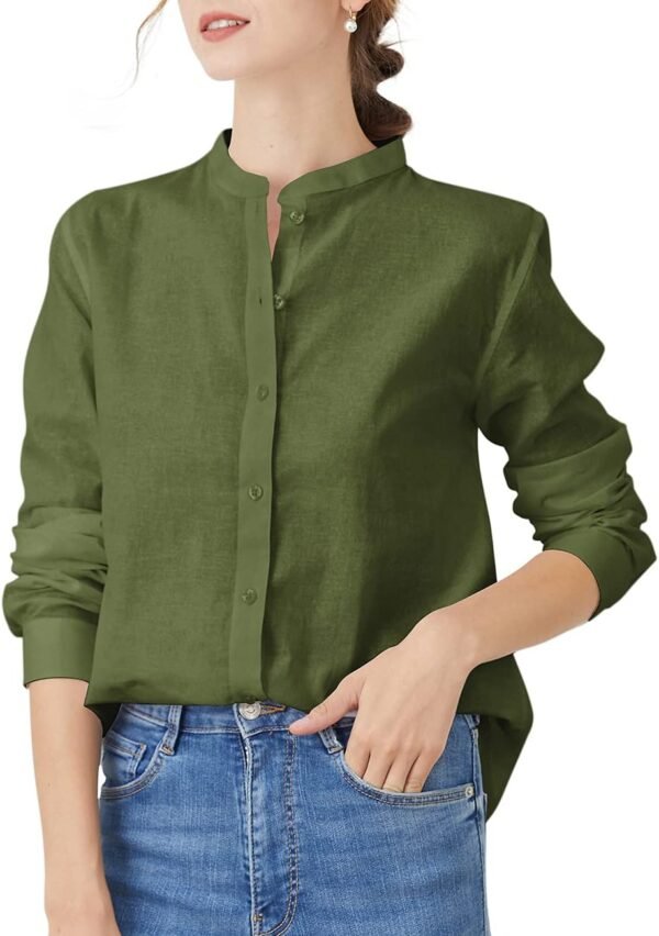Women's Mandarin Collar Button-Down Shirts Casual Cotton Linen Long Sleeve Blouses