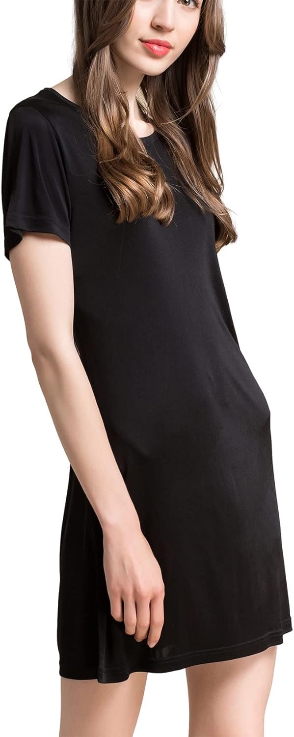 Women's Silk Nightgown Short Sleeve Pure Mulberry Silk Sleepshirt Scoop Neck Nightshirt Sleepwear