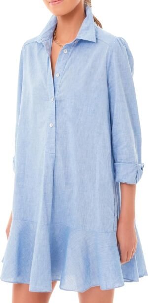 Women's Tunic Mini Shirt Dress Cotton Long Sleeve Ruffle Hem Dress Button Up Shift Chambray Dresses