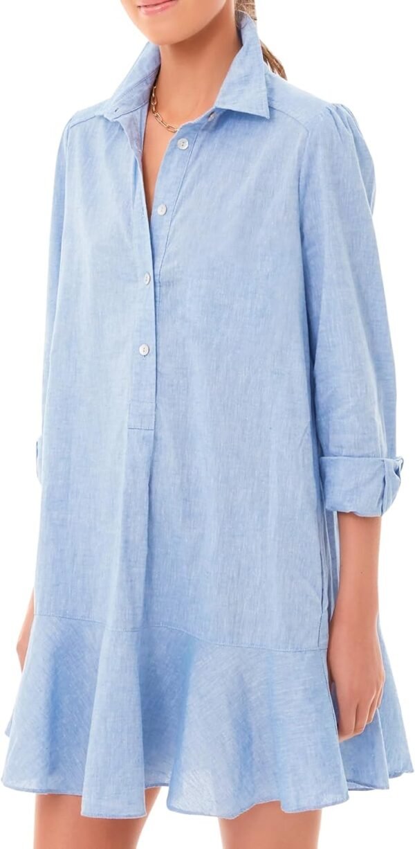 Women's Tunic Mini Shirt Dress Cotton Long Sleeve Ruffle Hem Dress Button Up Shift Chambray Dresses