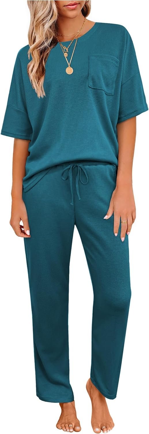 Womens Pajama Sets Waffle Knit Short Sleeve Shirt with Long Pajama Pants Soft Sleepwear Pj Lounge Sets