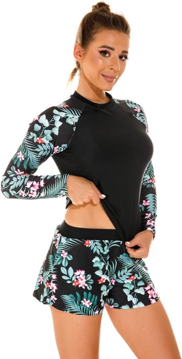 Women 2 Piece Rash Guard Long Sleeve Swimsuits Swim Shirt with Shorts Set Sun Protection UPF 50+ Surf Bathing Suits