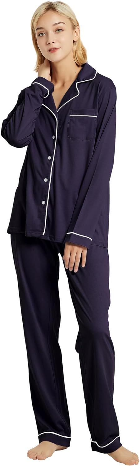 100% Cotton Pajama Set for Women Long Sleeve Womens Sleepwear Button Down NightWear Soft Pj Lounge Sets
