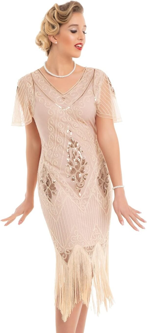 Women's 1920s Dress Sequin Art Deco Flapper Dress with Sleeve