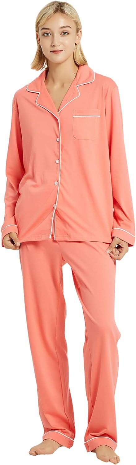100% Cotton Pajama Set for Women Long Sleeve Womens Sleepwear Button Down NightWear Soft Pj Lounge Sets