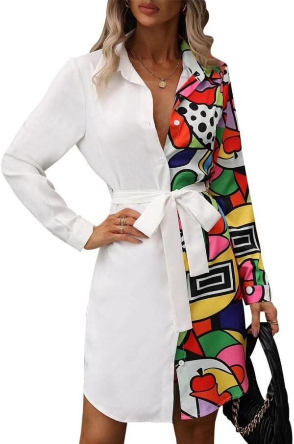 Womens Button Down Shirt Dresses with Belt Button Up Tunics Long Sleeve Blouse Tops