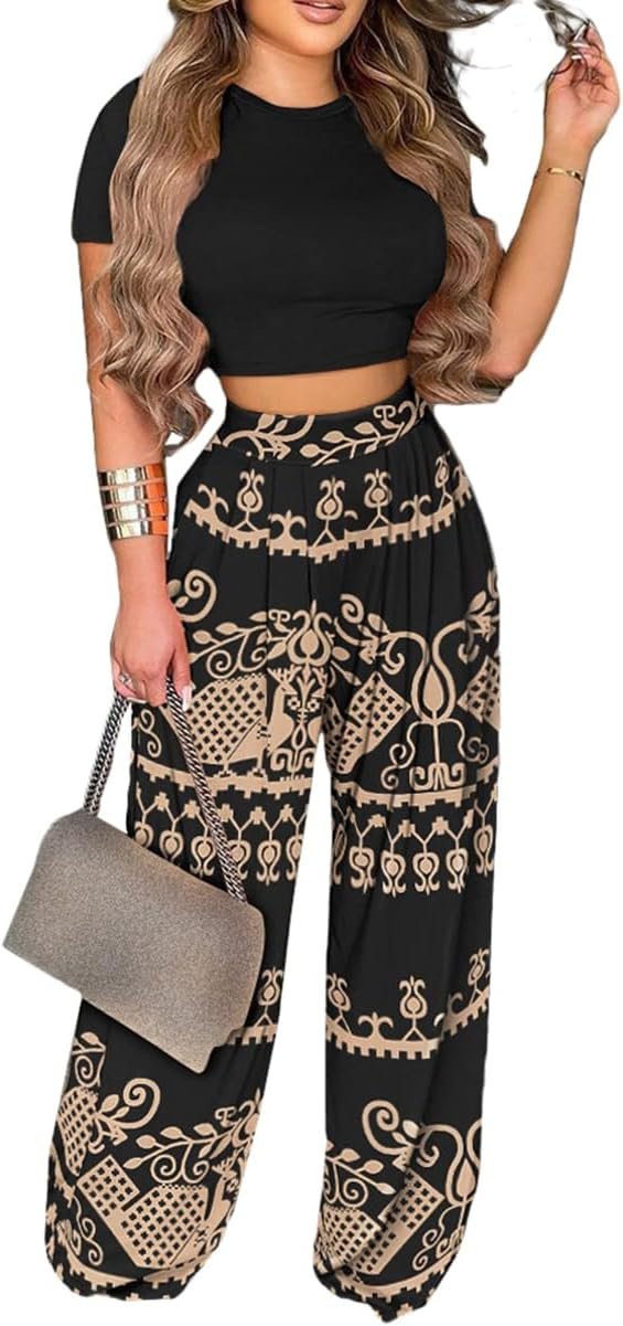 2 Piece Outfits for Women Casual Wide Leg Pants Set Outfits Sexy Front Crop Tops High Waist Jumpsuits Set
