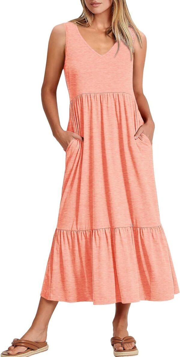 ANRABESS Women's Summer Casual Sleeveless V Neck Swing Dress Fit & Flare Flowy Tiered Maxi Beach Sundress with Pockets