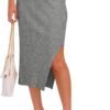 Midi Pencil Basic Skirt Casual Solid Split Side Stretchy Ribbed Knit Bodycon Mid Length Skirts for Women