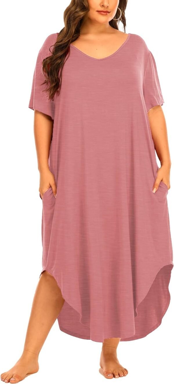 Womens Plus Size Nightgowns Sleepwear Short Sleeve Sleep Dress Maxi Night Gowns with Pockets