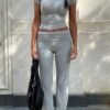 Casual Workout Two Piece Outfits for Women Short Sleeve Crop High Waist Foldover Flare Pants Tracksuit Sets Streetwear