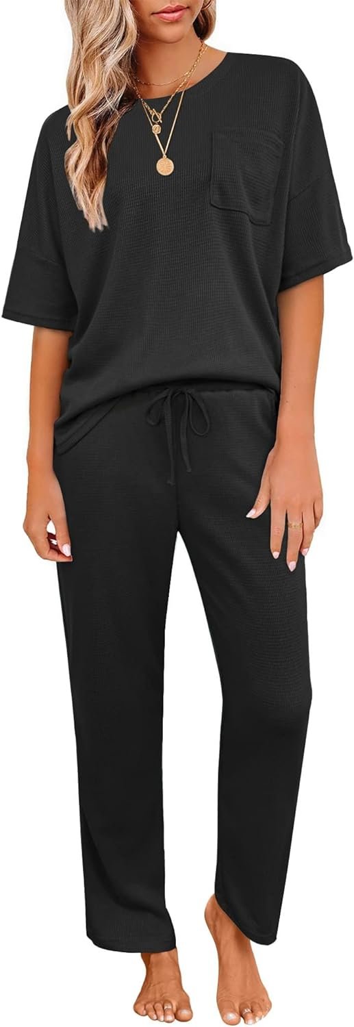 Womens Pajama Sets Waffle Knit Short Sleeve Shirt with Long Pajama Pants Soft Sleepwear Pj Lounge Sets