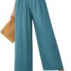JASAMBAC Women's Capri Linen Wide Leg Pants Summer Boho Wide Leg Pants Smocked High-Rise Waist Casual Beach Pants with Pocket