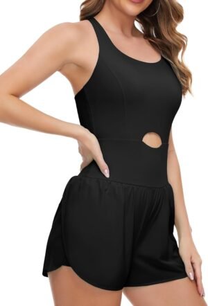 Athletic Romper Workout Onesie for Women, Quick-dry Running Active Romper One Piece Outfits with 2 Side Pockets