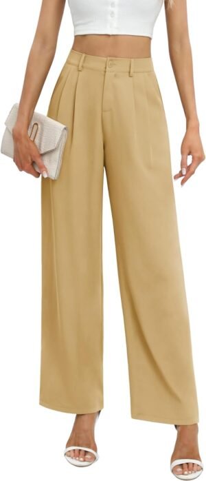 Feiersi Women's Business Work Trousers High Waisted Wide Leg Pants Long Straight Suit Pants with Pocket