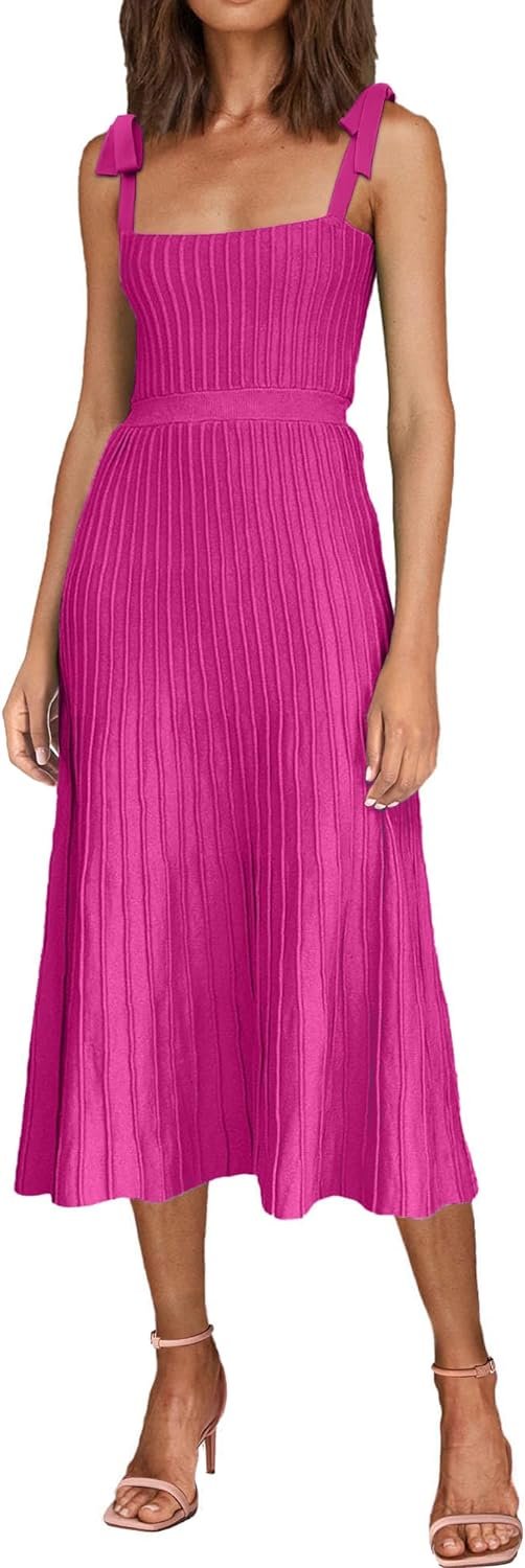 Women's 2024 Summer Maxi Dresses Tie Spaghetti Strap Square Neck Ribbed Knit Dress