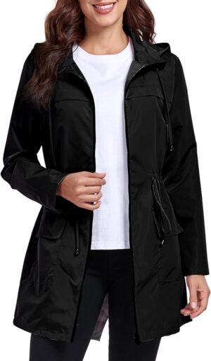 Women Waterproof Raincoat Lightweight Packable Active Outdoor Long Hooded Rain Jacket
