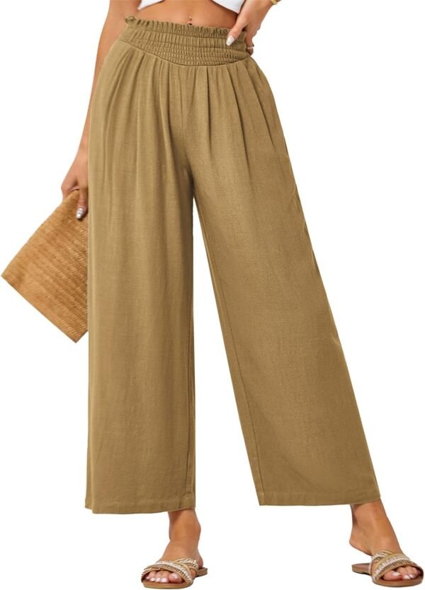 JASAMBAC Women's Capri Linen Wide Leg Pants Summer Boho Wide Leg Pants Smocked High-Rise Waist Casual Beach Pants with Pocket