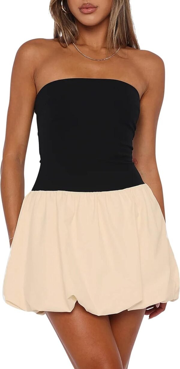 61PHWu5W6VL._AC_SL1500.jpg Women Strapless Tube Top Dress Bubble Skirt Cute Summer Mini Short Dresses Bandeau Corset Dress Casual