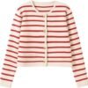 Women's Lightweight Striped Loose Sweater Polo V Neck Knitted Lapel Shirt Casual Color Block Top with Cream Background