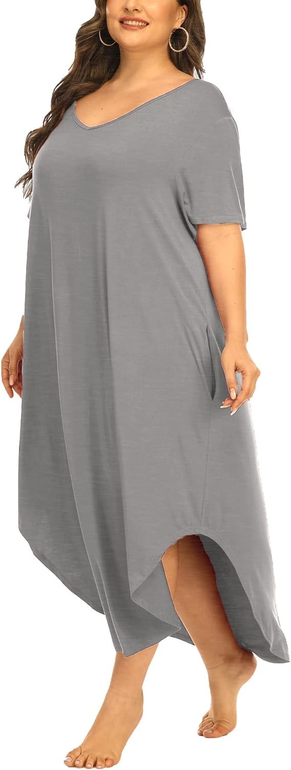 Womens Plus Size Nightgowns Sleepwear Short Sleeve Sleep Dress Maxi Night Gowns with Pockets