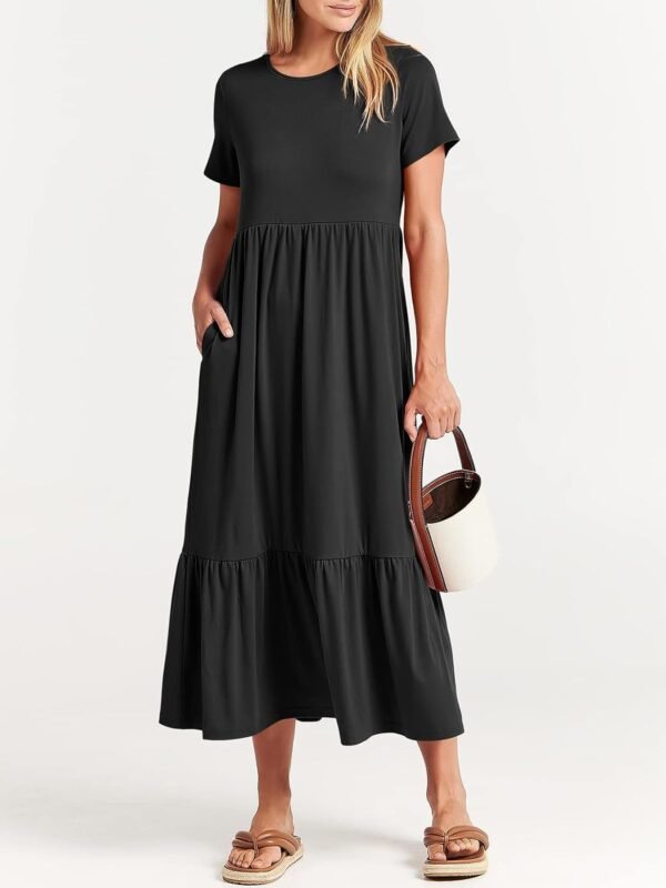 Women's Summer Casual Short Sleeve Crewneck Swing Dress Flowy Tiered Maxi Beach Dress with Pockets