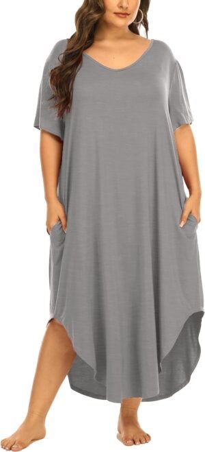 Womens Plus Size Nightgowns Sleepwear Short Sleeve Sleep Dress Maxi Night Gowns with Pockets