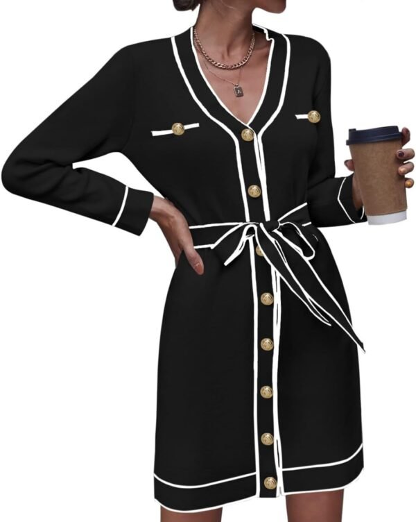 Pink Queen Women's V Neck Long Sleeve Mini Dress Elegant Button Down Open Front Color Block Knit Sweater Cardiagns with Belt