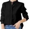 Women's Mandarin Collar Button-Down Shirts Casual Cotton Linen Long Sleeve Blouses