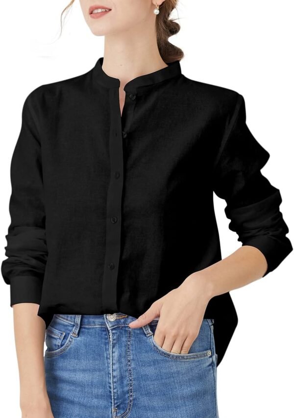 Women's Mandarin Collar Button-Down Shirts Casual Cotton Linen Long Sleeve Blouses