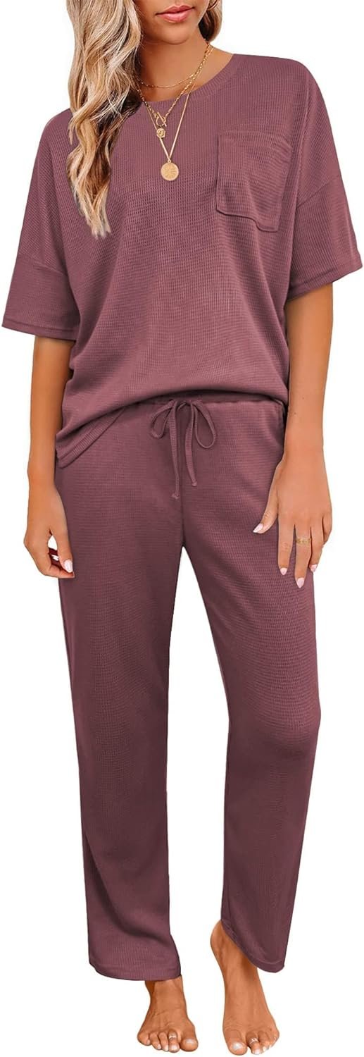 Womens Pajama Sets Waffle Knit Short Sleeve Shirt with Long Pajama Pants Soft Sleepwear Pj Lounge Sets