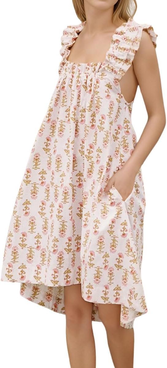 61W6K4efwPL._AC_SL1200.jpg Womens Ruffle Nightgown Cotton Sleeveless Nightdress Soft Printed Night gown with Pockets