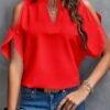 Women's Cold Shoulder Tops Summer Fashion Short Sleeve V Neck Casual Loose Solid Color Blouse Shirts