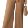 Womens Wide Leg Lounge Pants High Waisted Business Work Casual Pants Adjustable Tie Knot Loose Trousers with Pocket