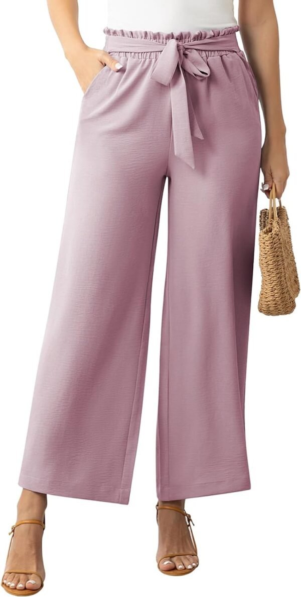 Womens Wide Leg Lounge Pants High Waisted Business Work Casual Pants Adjustable Tie Knot Loose Trousers with Pocket